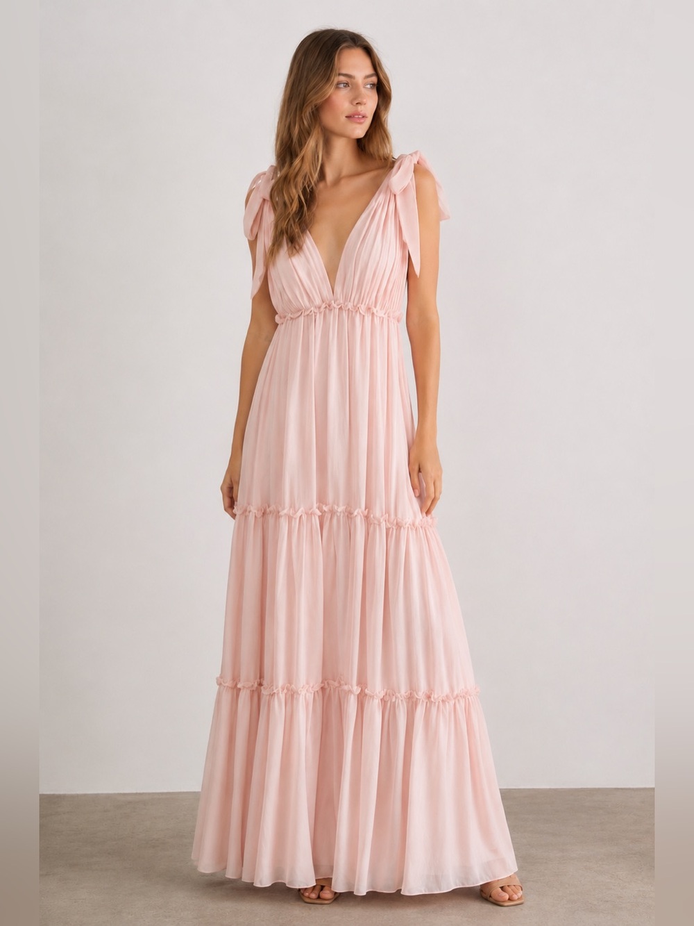 Ieena Mac Duggal Evening Gown Blush Pink V-Neck Plunging Maxi Dress Size 4 70188